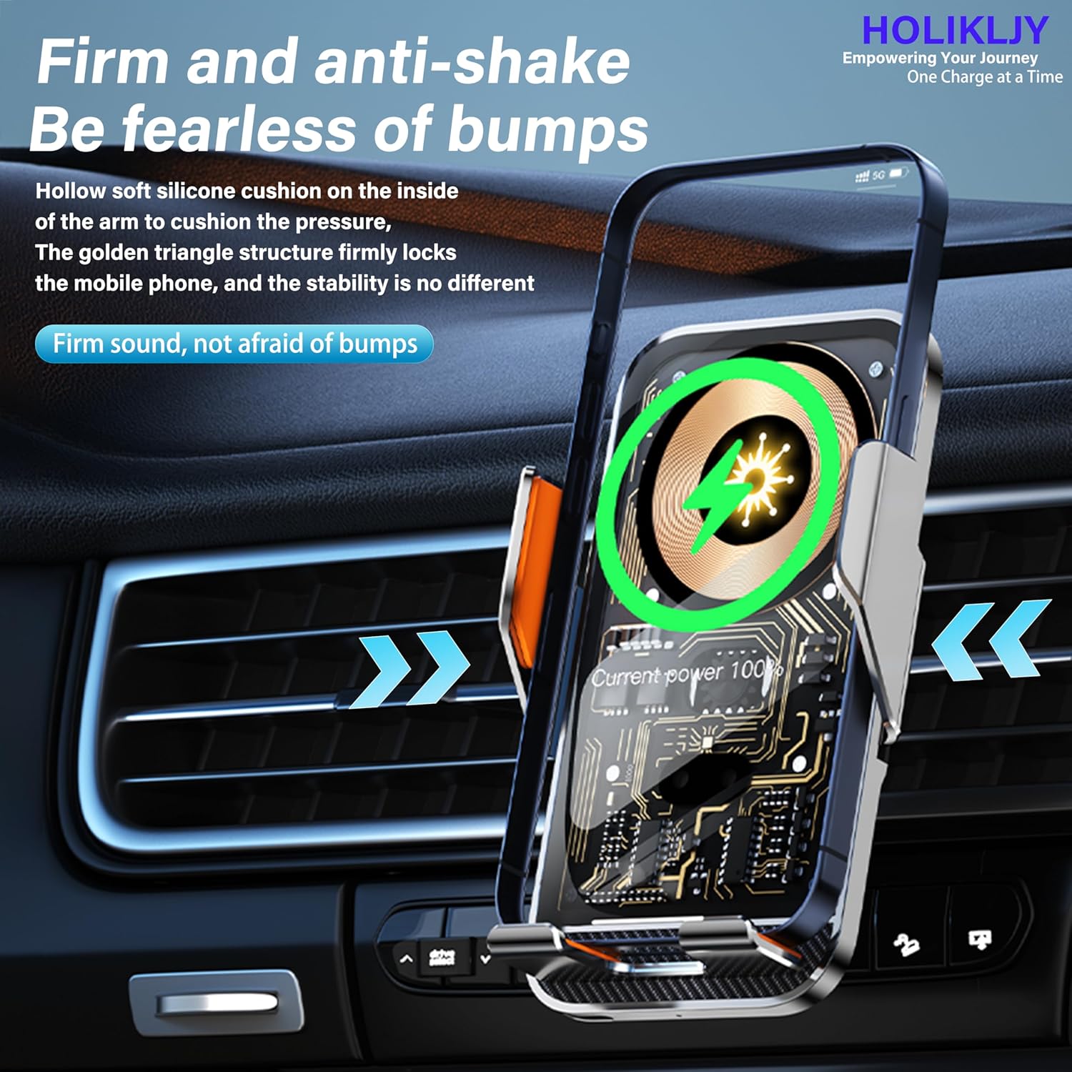 Wireless Car Charger Holder, 15W Fast Charging Car Phone Holder Charger Auto-Clamping 360° Rotation Adjustable Air Vent Phone Mount Car Charger with Luminous Logo for iPhone 16 15 14 13 S24 S23 S22
