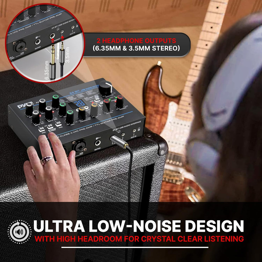 Pyle USB Audio Interface - MIC/LINE - Guitar - AUX Stereo & RCA Inputs - Preset 24 Digital Effects - Phantom Power - Phone/Stereo/Monitor/Headphone Outputs - For Computer Playing & Recording - PMUX9