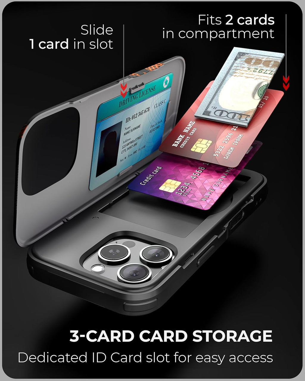 TORU CX Slim for iPhone 16 Pro Case Wallet | Protective Shockproof Heavy Duty Cover with Hidden Card Holder & Card Slot | Mirror & Wrist Strap Included - Camouflage