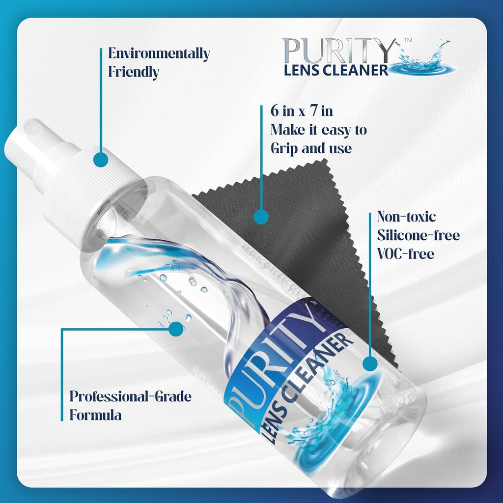 Purity Eyeglass Lens Cleaner Spray Kit - 3 x 8oz Lens Cleaner Spray Bottle + 2 Microfiber Cloth for Cleaning - Safe for All Lenses (AR Coated Included), Eyeglasses and Screens