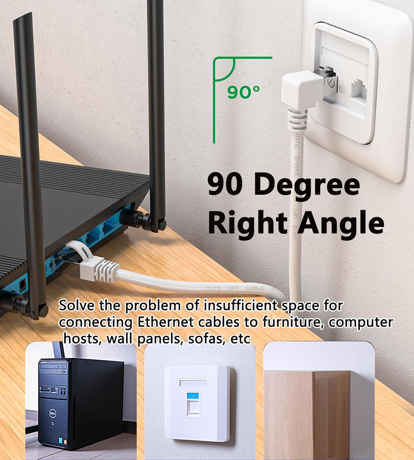 Right Angle Ethernet Extension Cable UPangle 1.5ft-White, 90 Degree CAT6 Ethernet Patch Cable RJ45 LAN Cable Extender Male to Female Connector for Router Modem Smart TV PC Computer Laptop