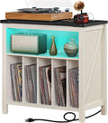 Large Record Player Stand with Charging Station & LED Lights, Vinyl Records Storage Holder Cabinet Holds up to 230 Albums, Turntable Stand for Music Room, Bedroom, Living Room, Office (White)