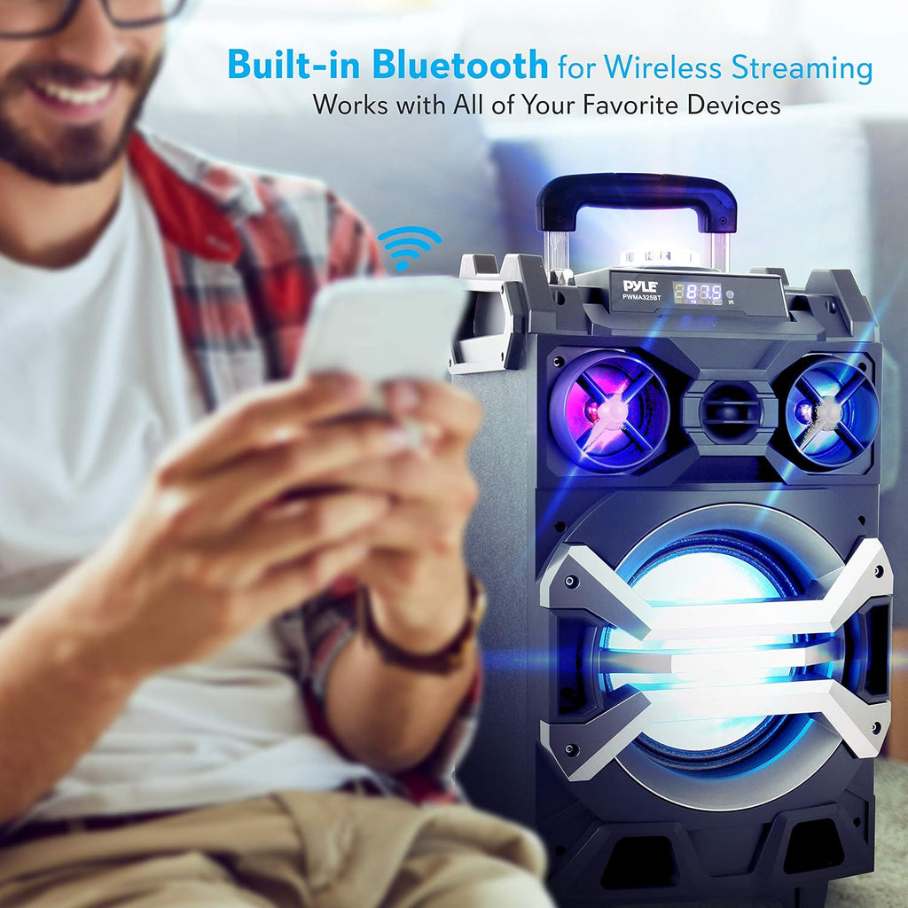 Pyle 500 Watt Portable BT Connectivity Karaoke Speaker System - PA Stereo with 8" Subwoofer, DJ Lights Rechargeable Battery Microphone, Recording Ability, MP3/USB/SD/FM Radio - PWMA325BT