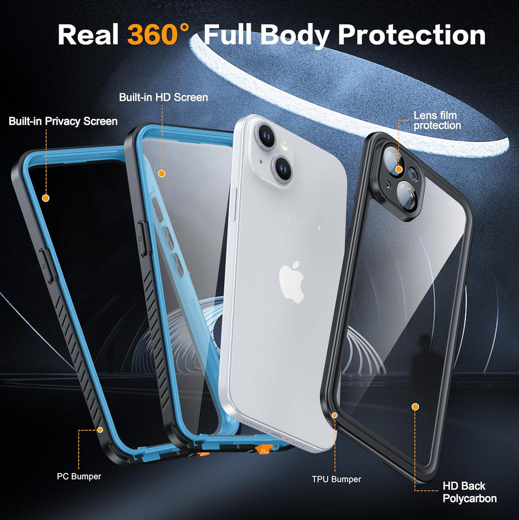 for iPhone 15 Plus Case Waterproof - Built-in Privacy Screen Protector & HD Screen Protector [IP68 Underwater] Shockproof Dustproof Full Body Protection iPhone 15 Plus Phone Case Blue