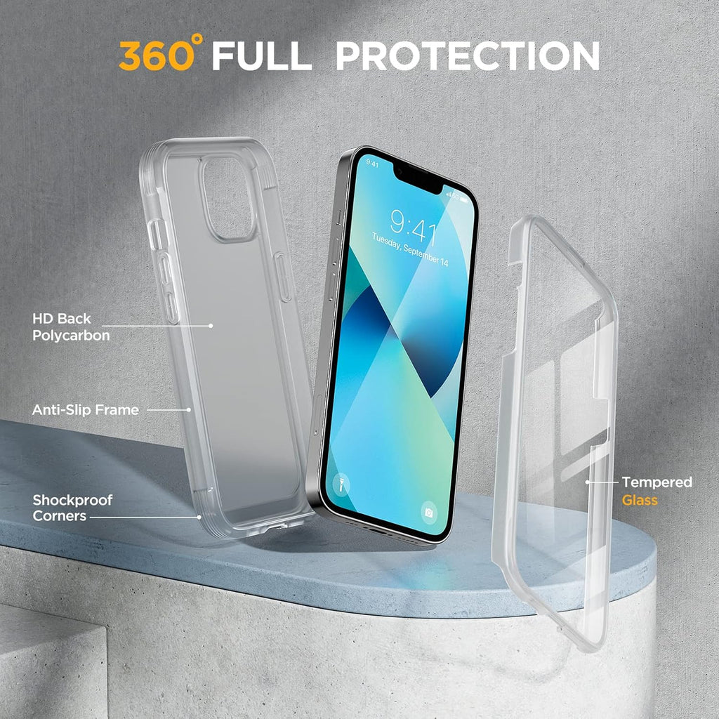 Miracase Compatible with iPhone 13 Mini case 5.4 inch, 2023 Upgrade Full-Body Glass Clear Case Bumper Case with Built-in 9H Tempered Glass Screen Protector for iPhone 13 Mini,Matte Clear
