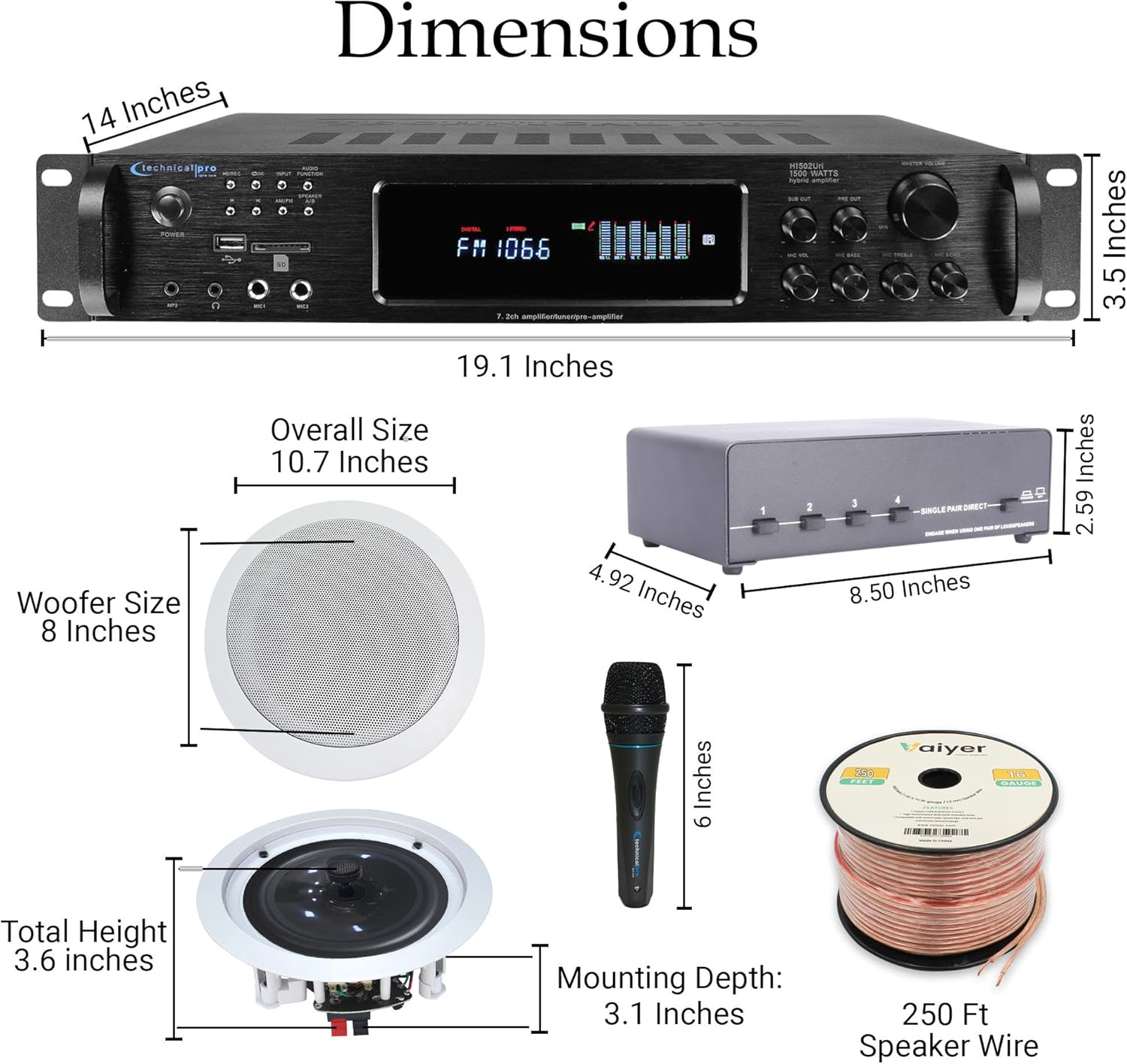 Home Audio System Kit - 7.2 Channel 1500W Bluetooth Amplifier w/ 8 Qty of 8" Framed Ceiling Speakers 300 W Each, 4-Ch Speaker Selector, 2 Qty of Mic, 250 ft Speaker Wire & Remote by Vaiyer