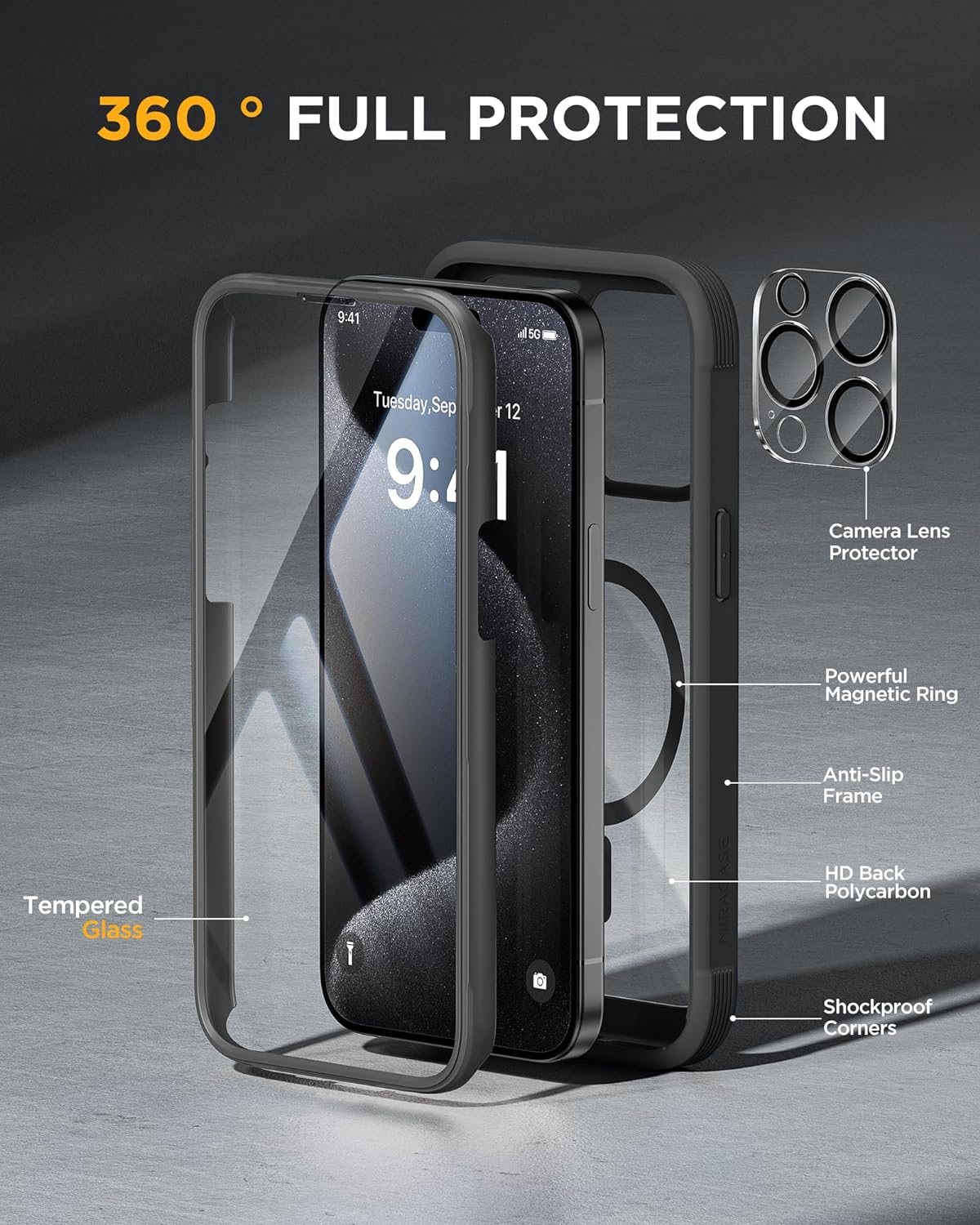Miracase Magnetic for iPhone 12 Pro Max Case [Compatible with MagSafe] Full-Body Phone case with Built-in Glass Screen Protector& Camera Protector, Military Drop Proof 12 Pro Max Cover, Black
