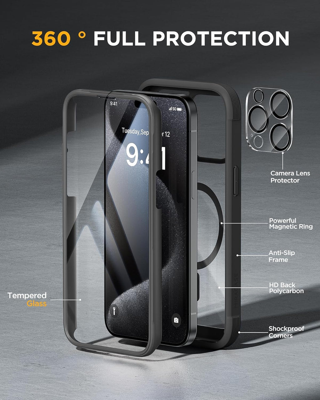Miracase Magnetic for iPhone 15 Pro Case [Compatible with MagSafe] Full-Body Bumper Phone case with Built-in Glass Screen Protector& Camera Protector, Military Drop Proof 15 Pro Cover 6.1 inch, Black