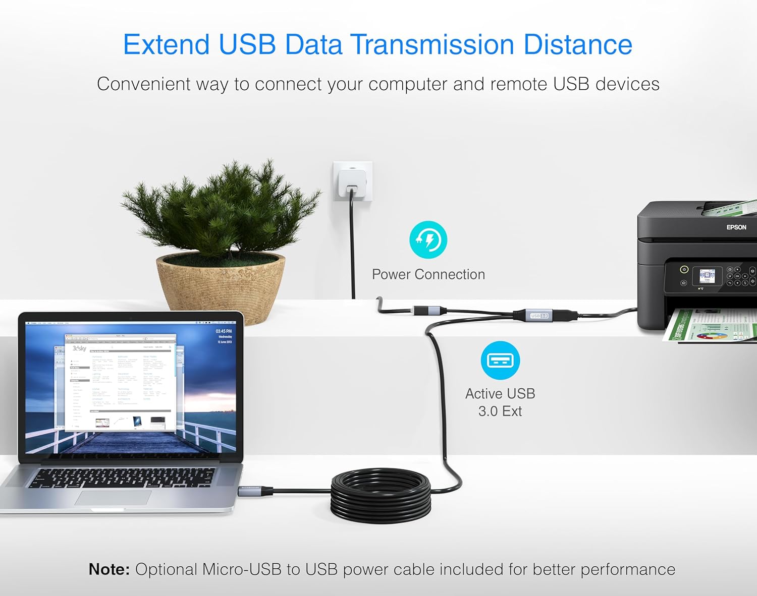 BlueRigger USB 3.0 Extension Cable (25FT, Active, 5 Gbps, Type A Male to Female Adapter Cord) - Long USB Repeater Extender for VR Headset, Printer, Hard Drive, Flash Drive, Keyboard, Mouse, Xbox