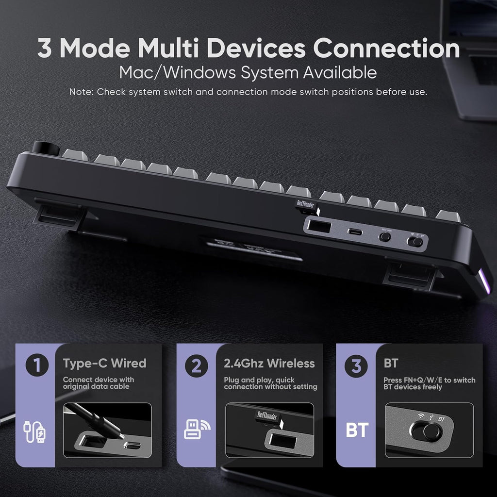RedThunder K75 Wireless Mechanical Gaming Keyboard, 75% Hot Swappable Creamy Keyboard with Knob, RGB Backlit, Pre-lubed Linear Switches, Side Printed PBT Keycaps, Wireless/Wired/BT5.0 Connection Mode