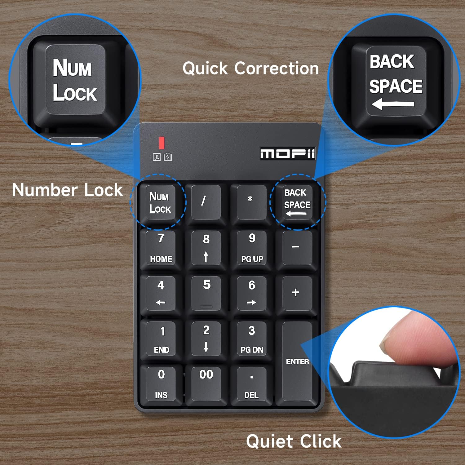 MOFII Bluetooth 5.1 Number Pad Wireless Numeric Keypad Silent 19 Keys USB Keypads, Portable Financial Accounting Numpad 10 Key for Laptop/Notebook/Surface Pro/PC - Black