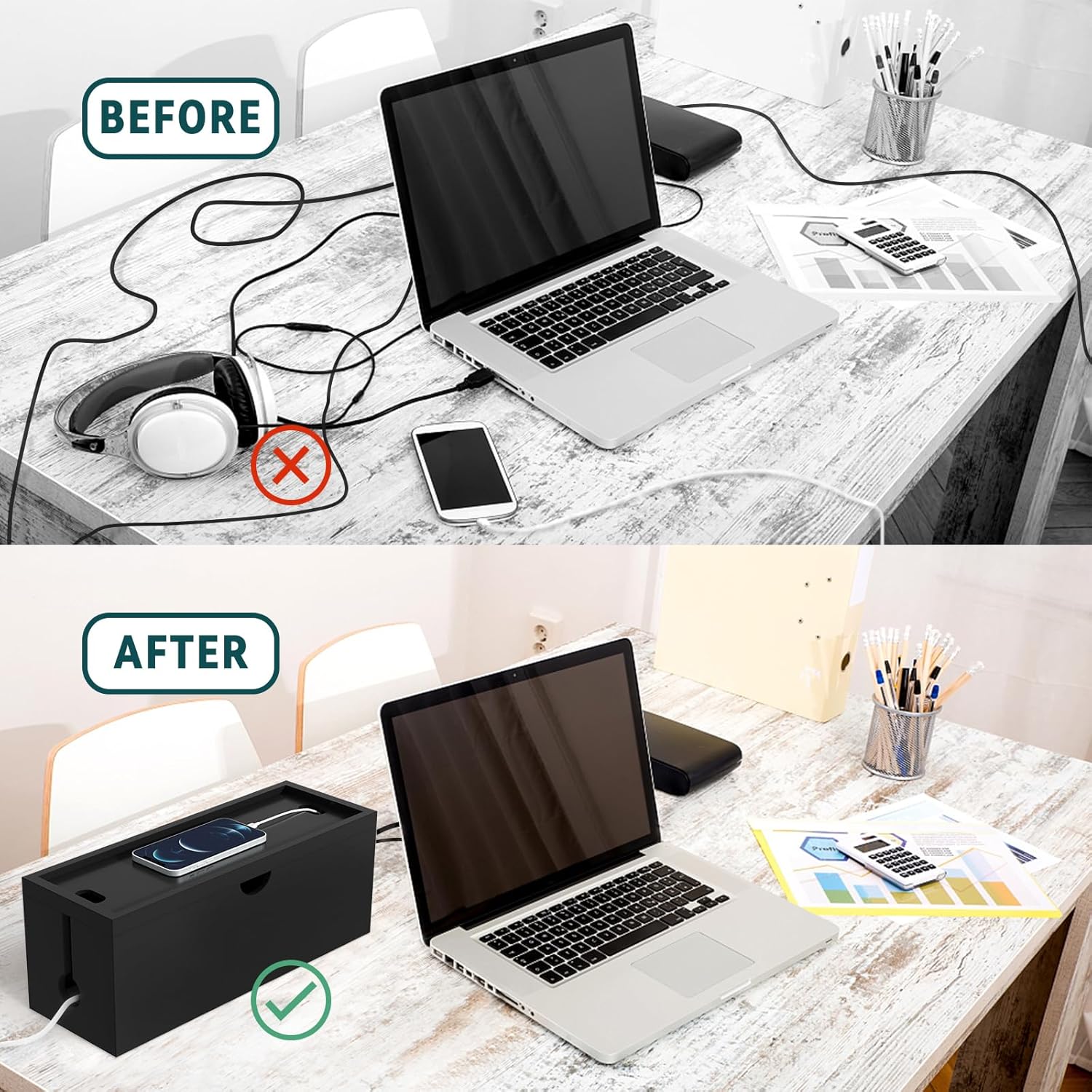 Bamboo Cable Management Box, Large Cord Organizer Box Cable Box to Hide Wires & Power Strips for Desktop Storage Cord Holder for Office Home,No Assembley Required (All Black, Large)