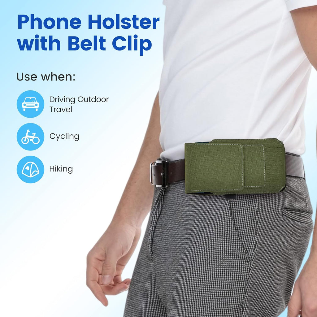 BECPLT for iPhone 17 Pro Max Air 16/15/14/13/12/11 Pro Max Nylon Cell Phone Pouch Holster Case with Belt Clip Cover Holder for Galaxy S25+ S24+ S23+ S22+ S21+ (Green)