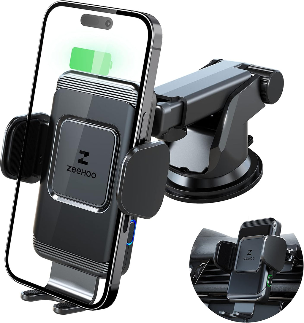 ZeeHoo Wireless Car Charger,15 W Fast Charging Auto-Clamping Car Mount,Windshield Dash Air Vent Phone Holder for iPhone 14 13 12 Mini 11 Pro Max XS XR 8,Samsung S22 S21 S20 Note 20 10 9 8