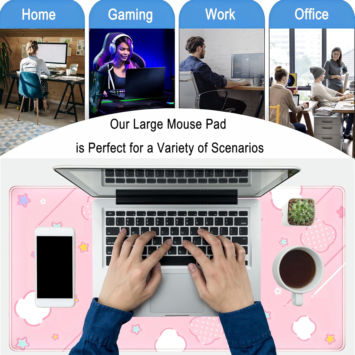 Pink Mouse Pad Large Desk Mat Gaming, Kawaii Desk Pads Stars Mouse Mat XXL Cute Keyboard Pad, Laptop Computer Mat with Non-Slip Base & Stitched Edges, Office Decor for Women 31.5" x 15.7"