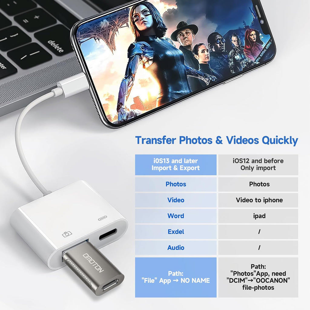 [Apple MFi Certified] Lightning to USB Camera Adapter with Charging Port, Portable USB3.0 Female OTG Cable Adapter for Select iPhone, iPad Models, Support Card Reader, USB Flash Drive, Keyboard, Mice