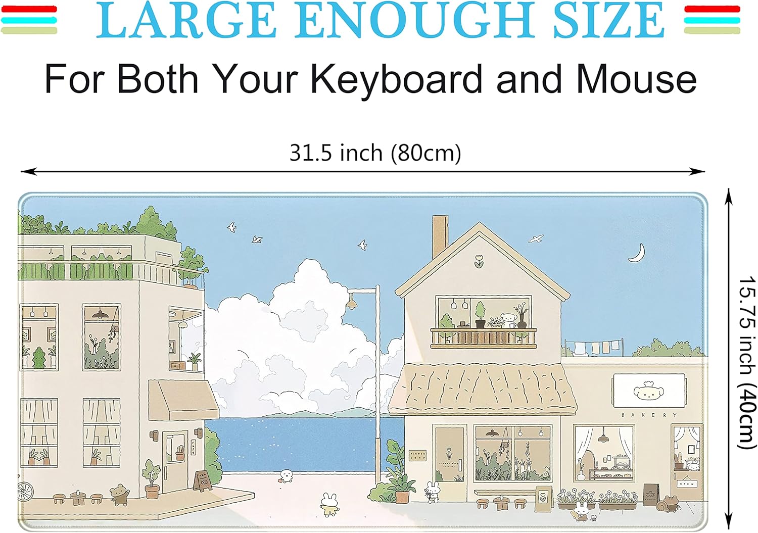 Cute Desk Mat Kawaii Mousepad Japanese Street Mouse Pad, Blue and Brown Cute Anime Keyboard Mat 31.5"x15.75", Large Mouse Pad XXL Gaming Desk Pad XL Office Decor for Women Girls Laptop Keyboard Pad