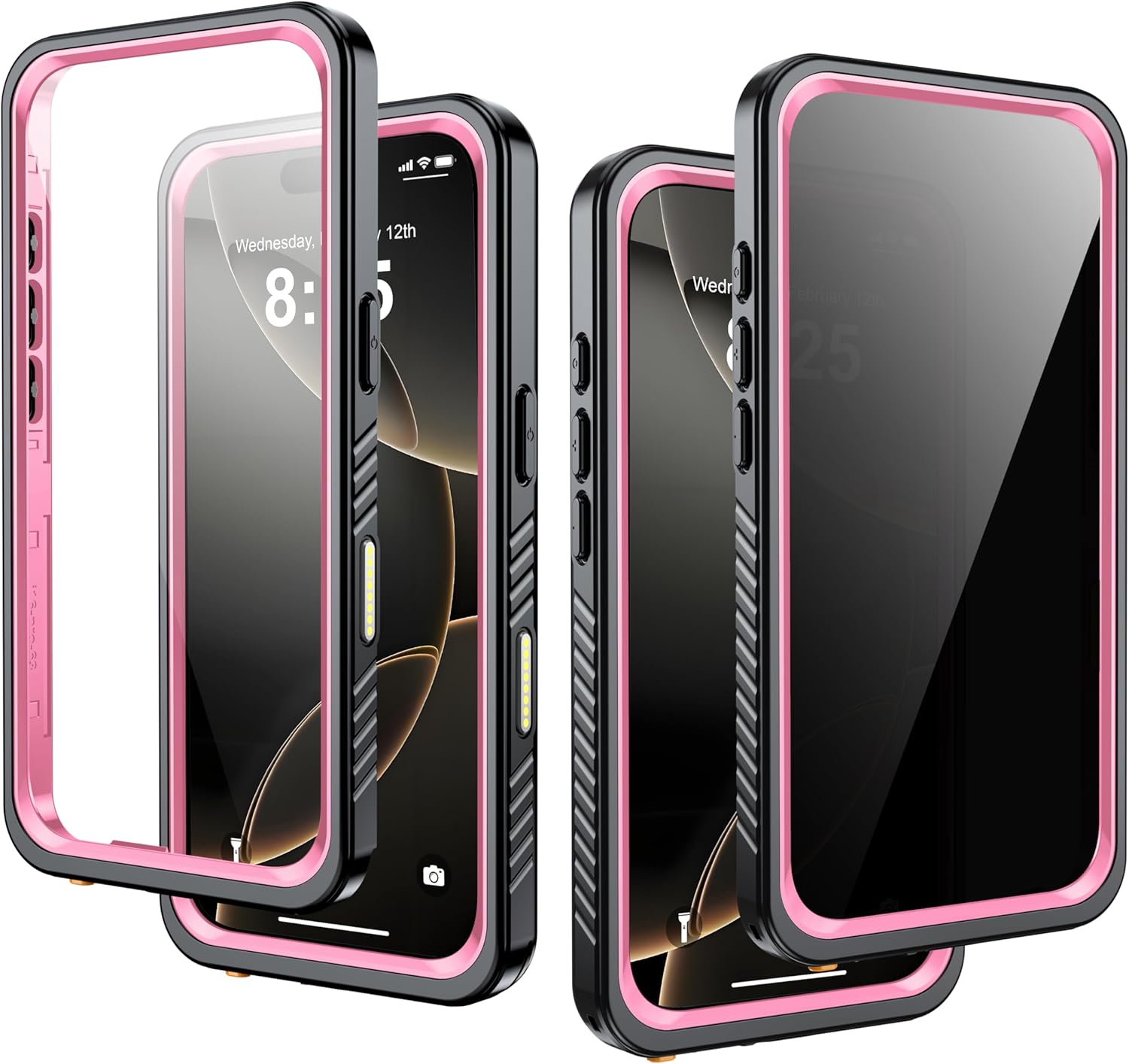 for iPhone 16 Pro Case Waterproof, Built-in Privacy Screen & HD Screen Double Front Frame [IP68 Underwater] Shockproof Dustproof Full Body Protection iPhone 16 Pro Phone Case Pink