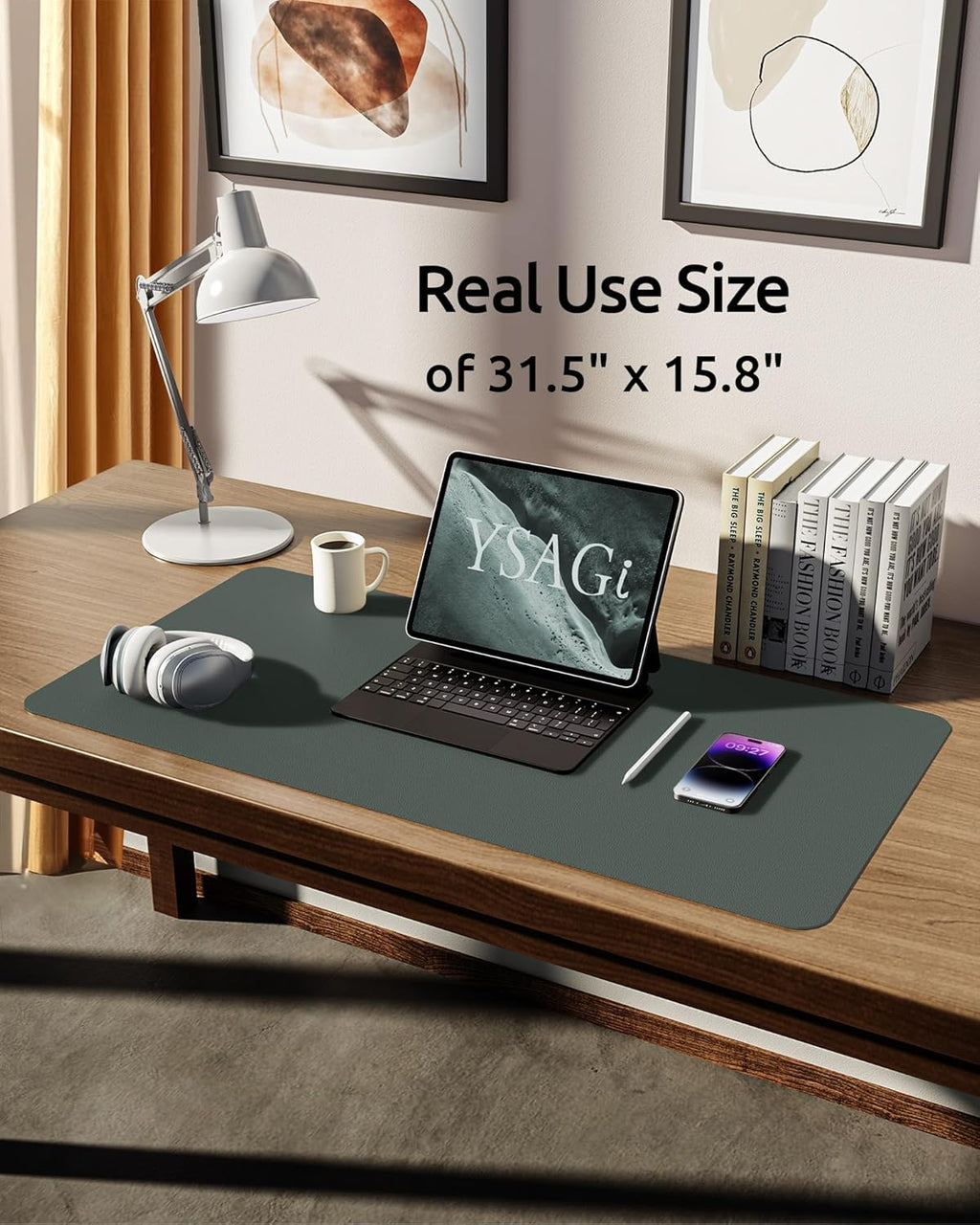 YSAGi Leather Desk Protector, Office Mat, Large Mouse Mat, Non-Slip PU Leather Blotter, Laptop Desk, Waterproof Writing Pad for Office and Home (Dark Green, 31.5" x 15.8")