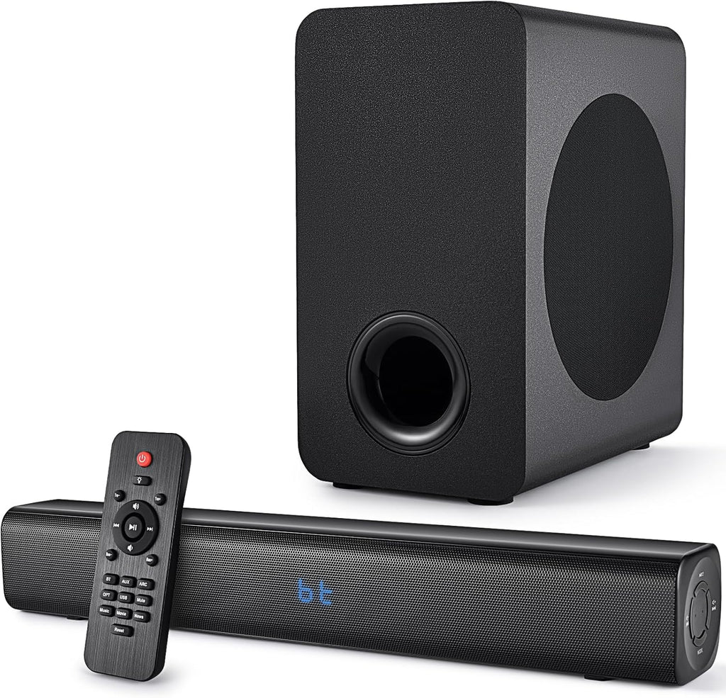 Sound Bar Speakers Bluetooth Wireless, TV Speakers Sound Bar Subwoofer, Home Theater Surround Sound Bar HDMI(ARC) Optical AUX USB 2.1ch Home Audio Sound System TV PC Wall Mount, Ebblack