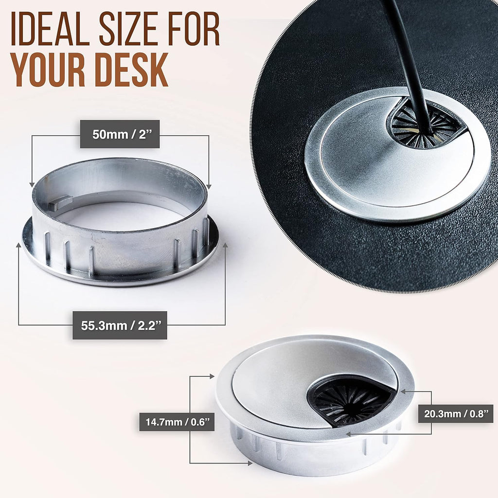 MAHDPRO Metal Desk Grommet 2 Inch (50 mm) Pack of 2-Silver (Pearl Chrome) Zinc Alloy Metallic Desk Cord Hole Cover to Arrange Cables & Wires Through Computer Table