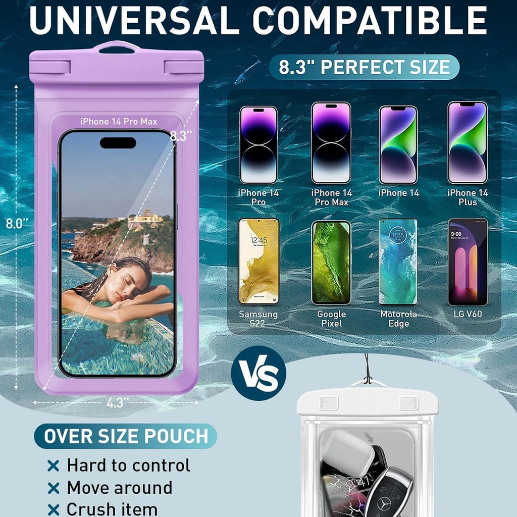 Universal Waterproof Phone Case, with Inside Card Pack, Waterproof Beach Bag for iPhone 16 15 14 13 Pro Max up to 8.3", IPX8 Cell Phone Pouch for Cruise Travel Accessories, 2 Pack-Black&Purple
