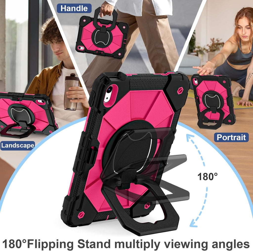 Case for iPad (A16) 11th Generation 11 Inch (2025) / iPad 10th Generation Case 10.9 Inch (2022) with 360° Rotating Stand Screen Protector Pen Holder Shoulder Strap, Black Pink
