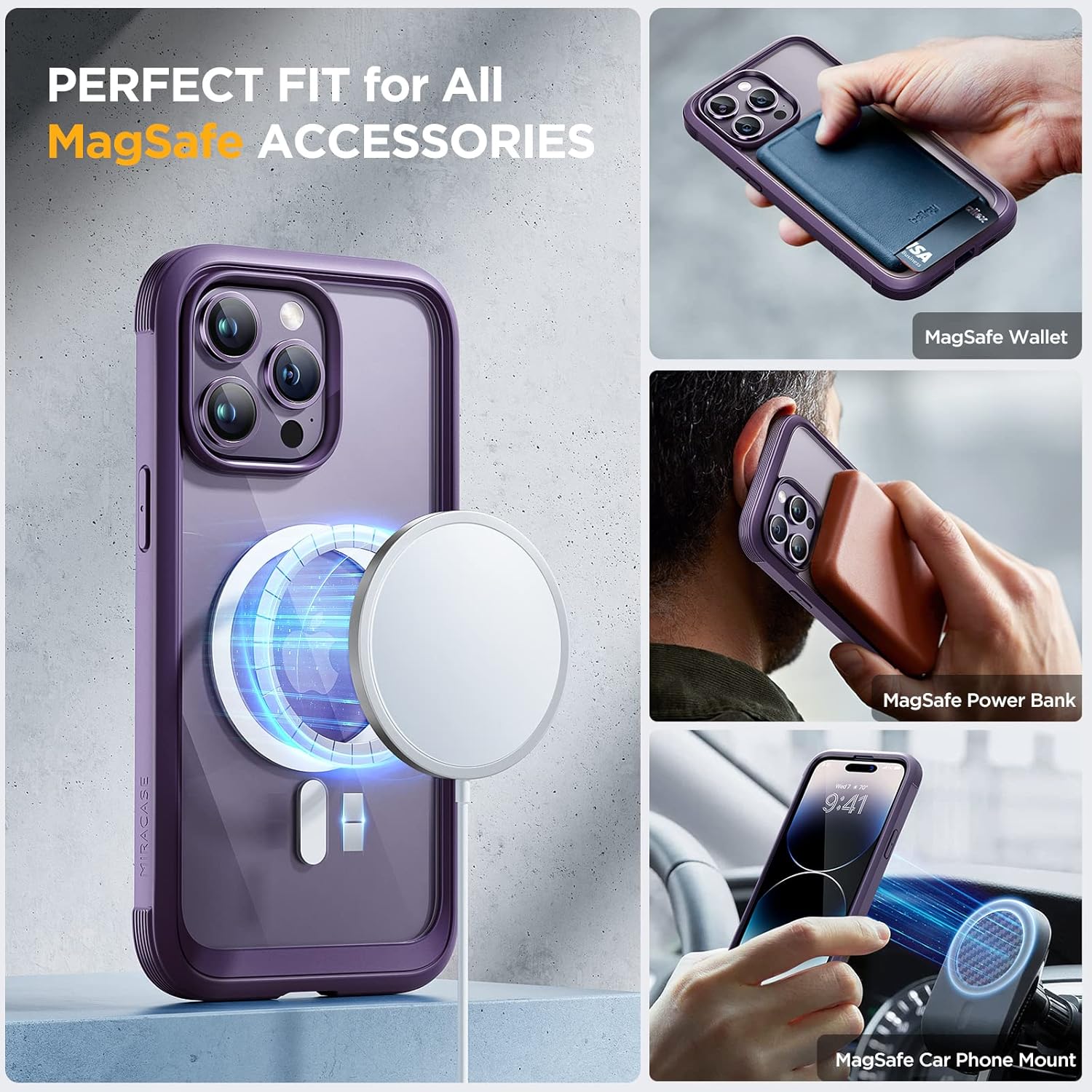 Miracase Magnetic for iPhone 14 Pro Case 6.1 inch, (Compatible with MagSafe) Upgrade Full-Body Clear Phone Bumper Case with Built-in 9H Tempered Glass Screen Protector, Magnetic Purple