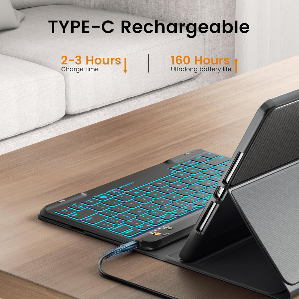 OYEEICE for iPad 9th Generation Case with Keyboard 10.2'' - 7 Color Backlit Wireless Keyboard Cover with Pencil Holder for iPad 9th/8th/7th Gen 10.2 inch, iPad Air 3rd Gen & iPad Pro 10.5" - Black