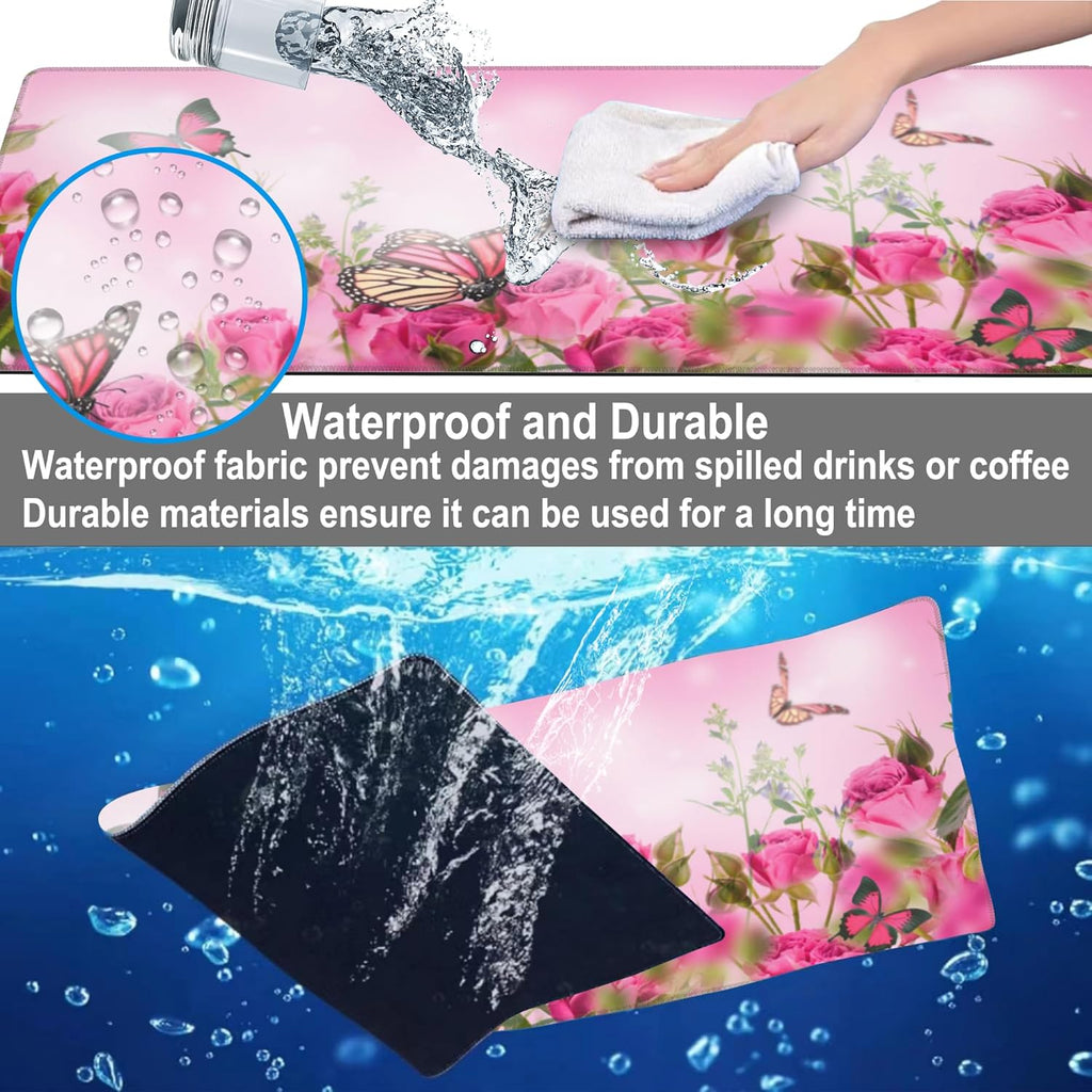 Mouse Pad, Large Pink Roses with Butterflies Desk Mat, Extended Non-Slip Gaming Keyboard Mousepad Desk Pad, Thick Stitched Edges Waterproof Mouse Mat 31.5"x15.7" (Beautiful Spring Floral)