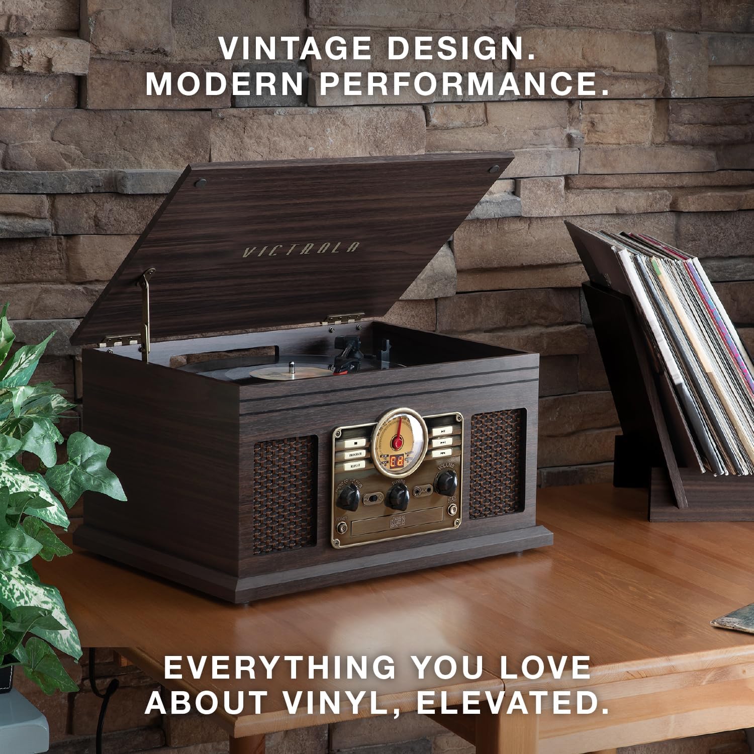 Victrola The Quincy 6-in-1 Bluetooth Record Player & Multimedia Center with Built-in Speakers – 3-Speed Turntable, CD & Cassette Player, AM/FM Radio, Wireless Music Streaming (Grey Wood)