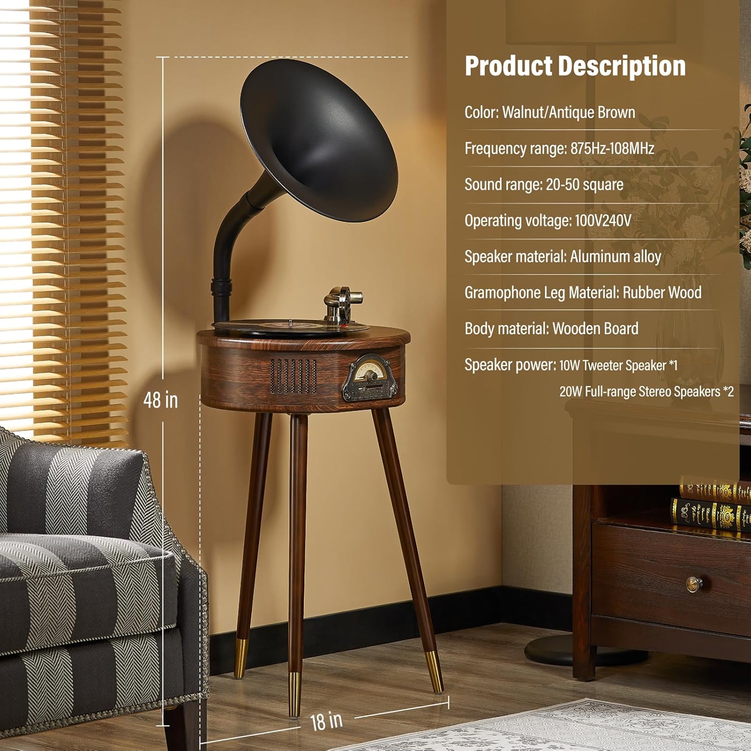 Gramophone Record Player，Italian Style Gramophone Vinyl Record Player with Control/Bluetooth/USB/FM Vintage Record Players Turntables 2 Speed(33/45), Hi-Fi, Classic Tripod Retro Wooden Design