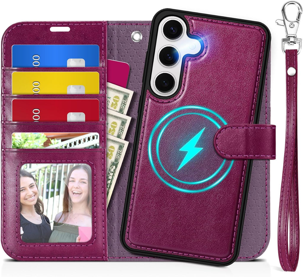 TUCCH Case for Galaxy S25, [Detachable] 2 in 1 Magnetic PU Leather Wallet Case Wrist Strap RFID Blocking Wireless Charging 4 Card Slot Kickstand Removable Flip Folio Cover for Galaxy S25, Plum Purple