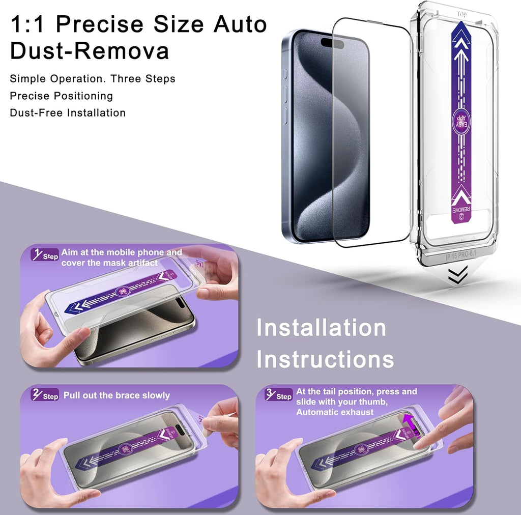 2 Pack Screen Protector for iPhone 15 Pro, 9H Tempered Glass, Full Coverage, Anti-Fingerprint, Auto Dust-Elimination, No Bubble, Easy Installation