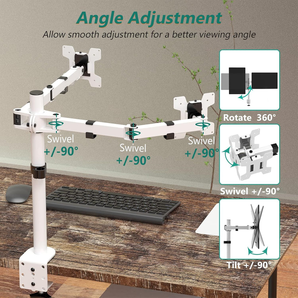 WALI Dual LCD Monitor Fully Adjustable Desk Mount Stand Fits 2 Screens up to 27 inch, 22 lbs. Weight Capacity per Arm (M002-W), White