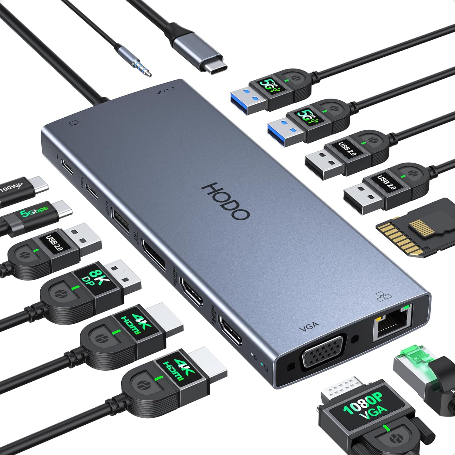 USB C Docking Station Dual Monitor for Dell HP, Laptop Docking Station 3 Monitors 15-in-1 USB C Hub Dock with Dual 4K HDMI+8K DP +VGA+6USB Ports+PD+Ethernet+SD/TF+Audio,USBC Adapter Dongle for Lenovo
