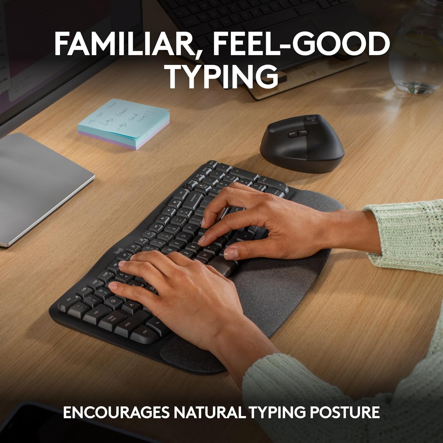 Logitech Wave Keys Wireless Ergonomic Keyboard with Cushioned Palm Rest, Comfortable Natural Typing, Easy-Switch, Bluetooth, Logi Bolt Receiver, for Multi-OS, Windows/Mac - Graphite