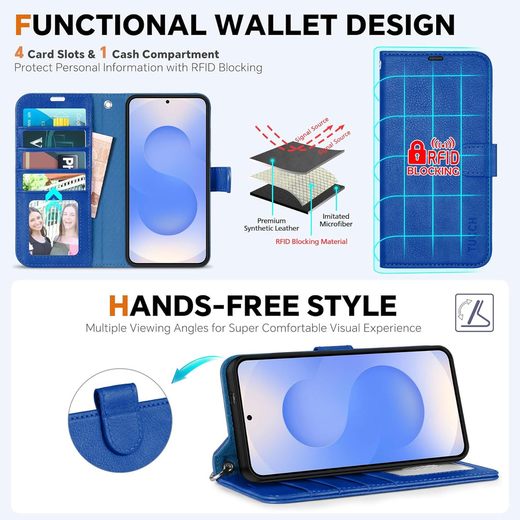 TUCCH Case Wallet for Galaxy S25 Edge, Removable [2 in 1] [Wireless Charging] Wrist Strap PU Leather Magnetic Stand RFID Blocking [4 Card Slots] Detachable Folio for Galaxy S25 Edge 6.7", Klein Blue