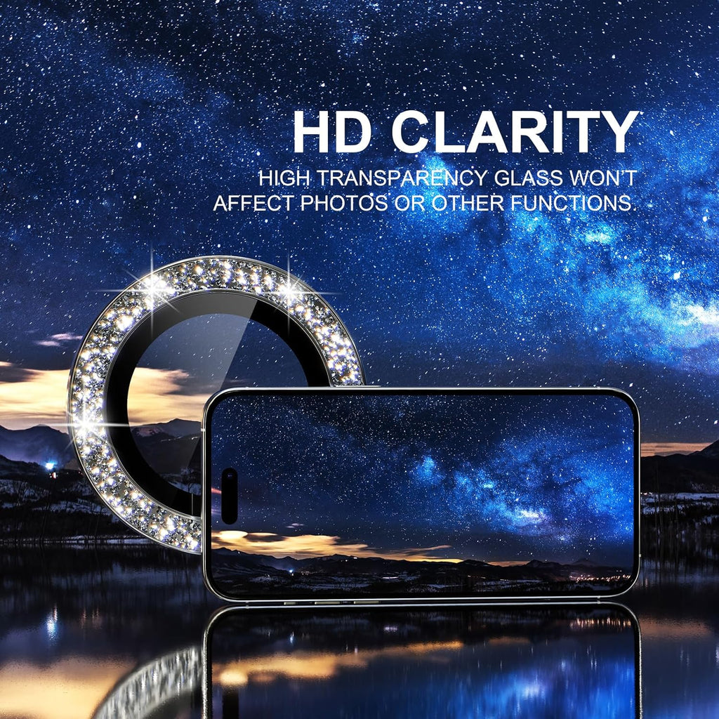 Choiche Compatible for iPhone 15 Pro/iPhone 15 Pro Max Camera Lens Protector Bling, 9H Tempered Glass Camera Cover Screen Protector Metal Ring Decoration Accessories (Glitter-Silver)