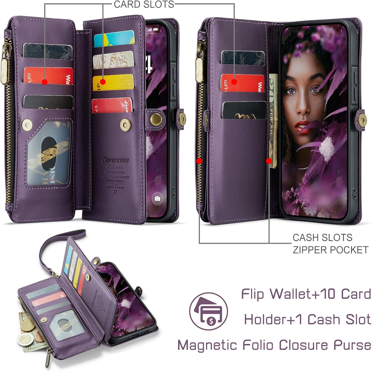 Defencase for Galaxy A26 5G Case Wallet with RFID Blocking Card Holder for Women Men, Fashion PU Leather Magnetic Snap Flip Zipper Wrist Strap Wallet Phone Case for Samsung Galaxy A26 5G, Purple