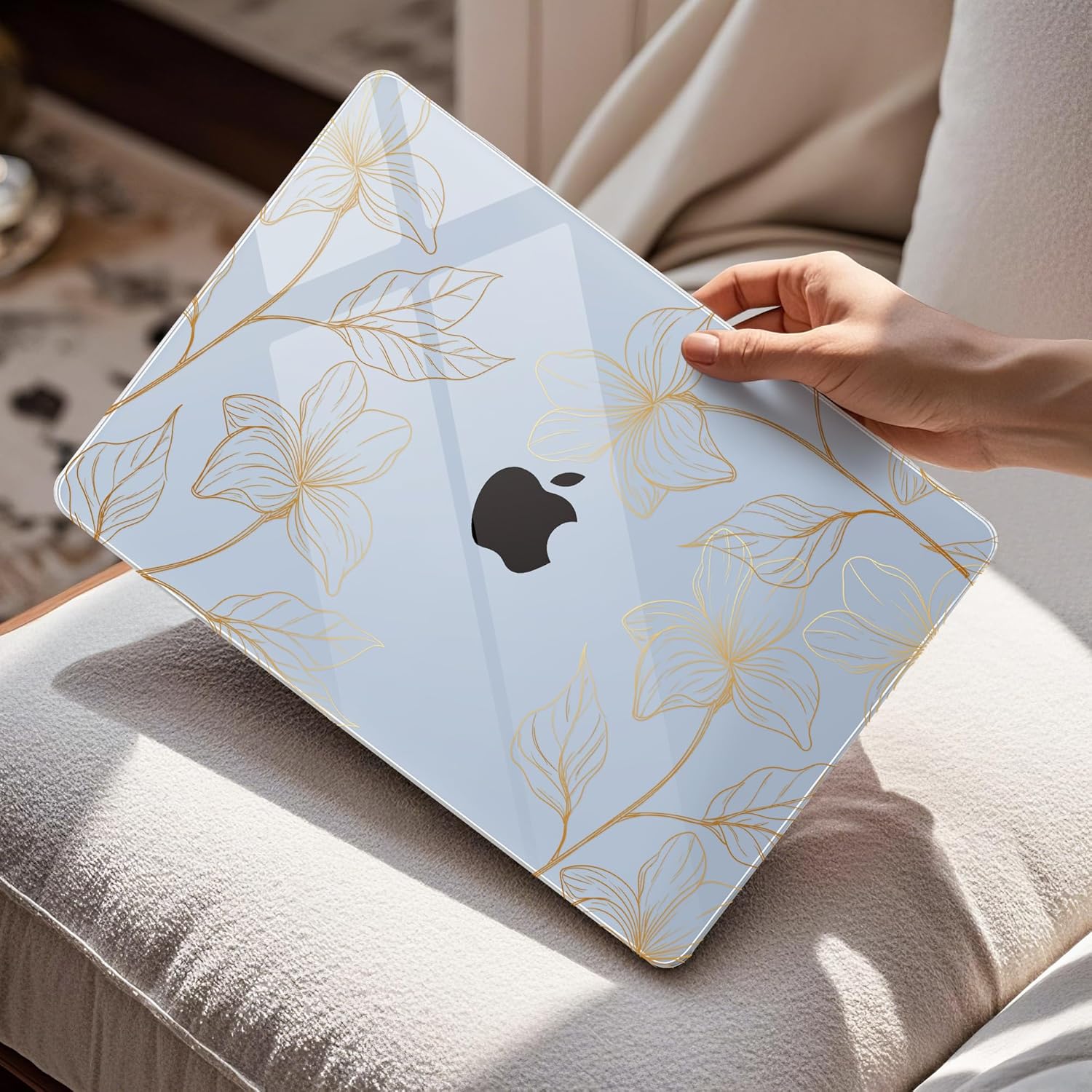 Mektron for 2025 MacBook Air 15 inch M4 Case A3241/ 2024 M3 A3114/ 2023 A2941 M2 Hard Printed Case with 15.3 Liquid Retina Display Touch ID, Plastic Hard Cover & Keyboard Skin- Gold Flower S718-Blue