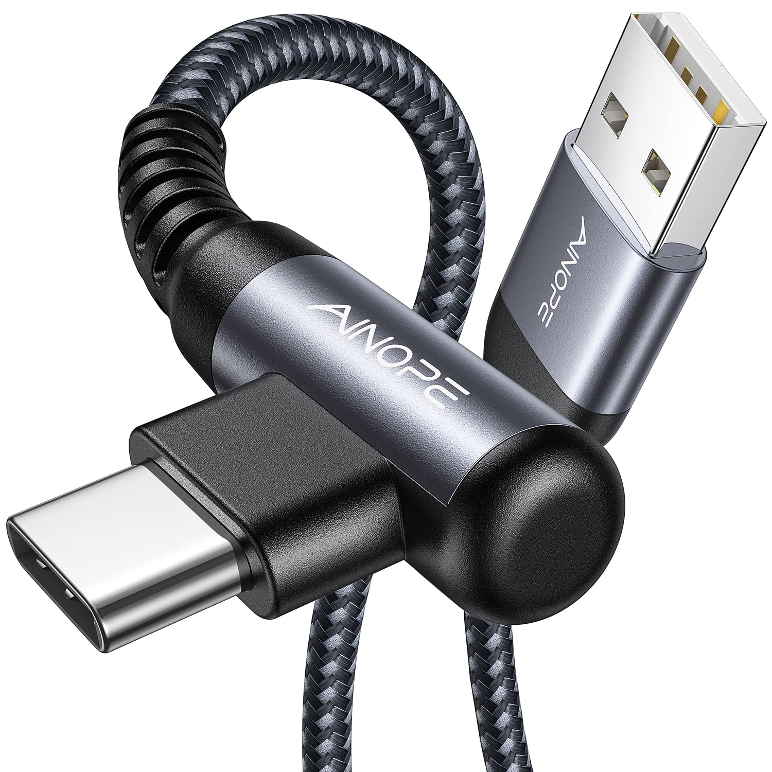 AINOPE USB to USB C Cable [2-Pack, 6.6ft] 3.1A Fast Charger Type C Right Angle, Resistant Nylon Braided C Type Charging Cable Compatible with Galaxy S10 S9 Plus S21, Note 10 9 LG, Type C Charger