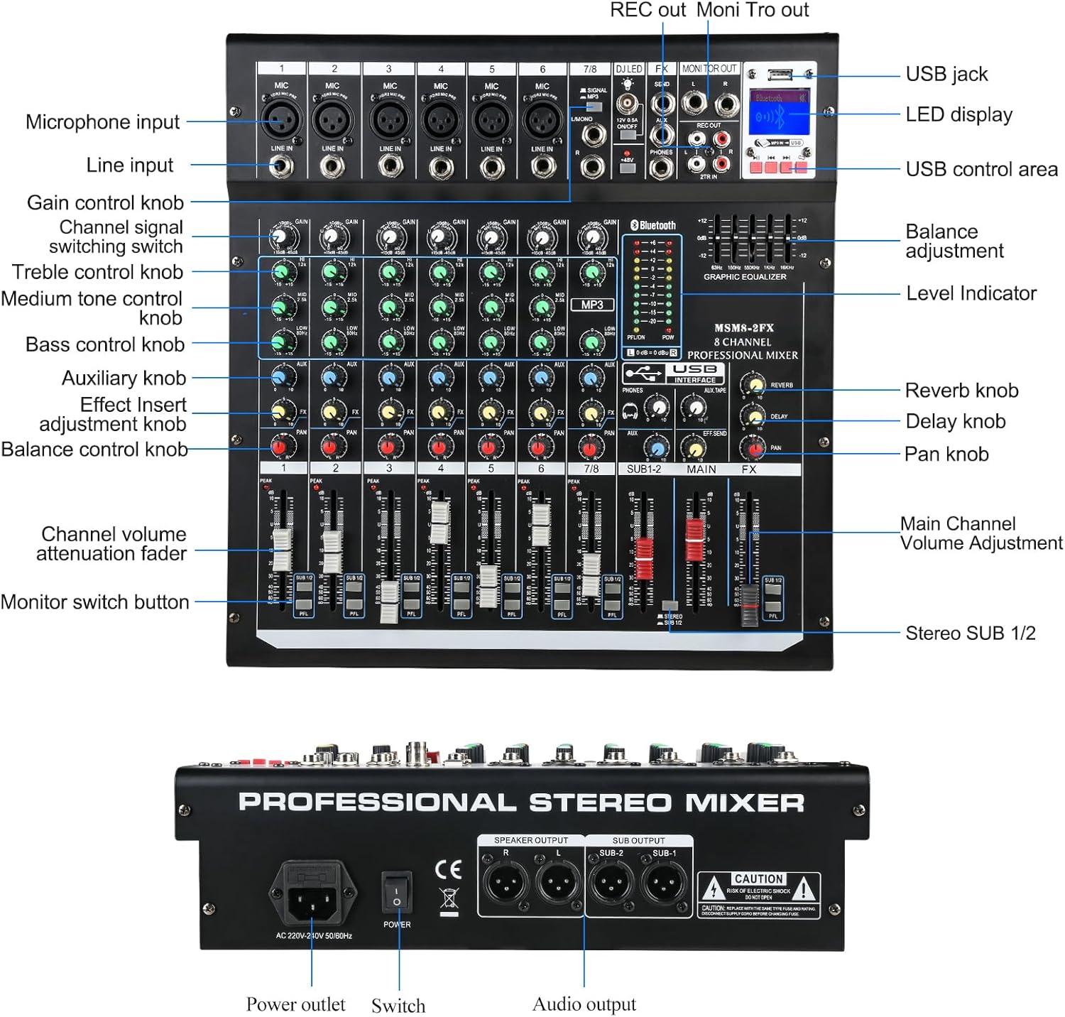 Dj Mixers 8 Channel Audio Mixer Sound Board with Bluetooth, Usb Audio Interface with 48V Phantom Power Sounds Mixer Board with FX Reverb Delay Effect for Streaming