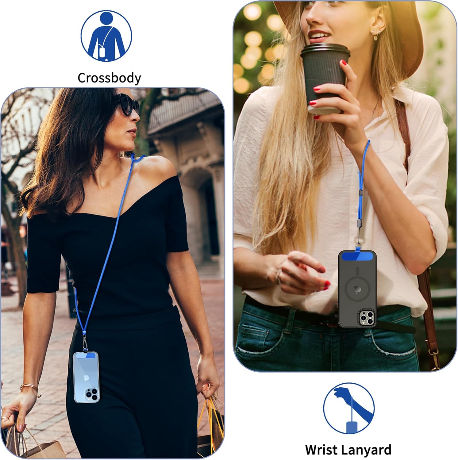 CACOE Phone Lanyard 2 Pcs-1 Pcs Adjustable Neck Strap, 1 Pcs Wrist Strap, 2 Pcs Pads, Universal Crossbody Multifuctional Cell Phone Lanyards Compatible with Most Smartphones(Dark Blue)