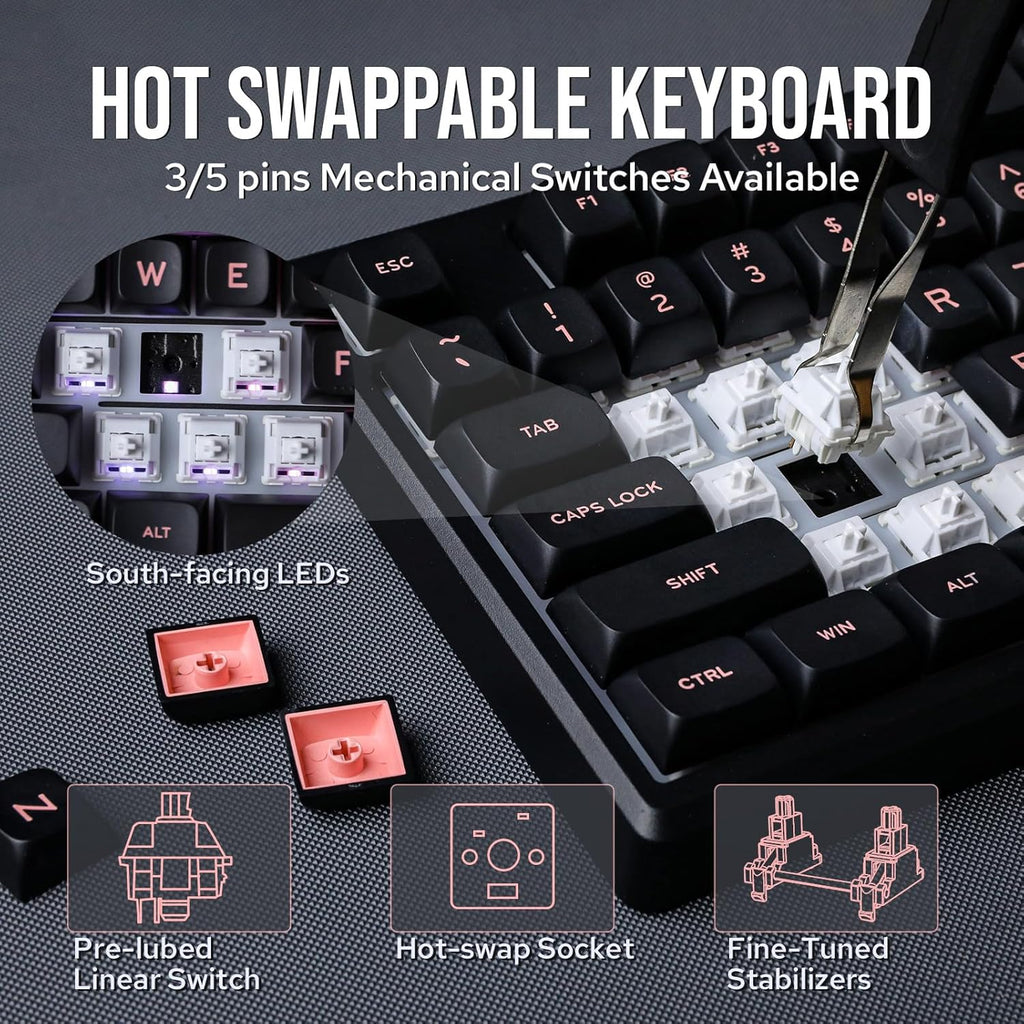EPOMAKER Galaxy100 QMK/VIA Wireless Gaming Keyboard, Aluminum Shell, Bluetooth/2.4Ghz/USB-C, Pre-Lubed Hot-Swappable Linear Switches, NKRO, RGB Backlit (Black, Marble White Switch)