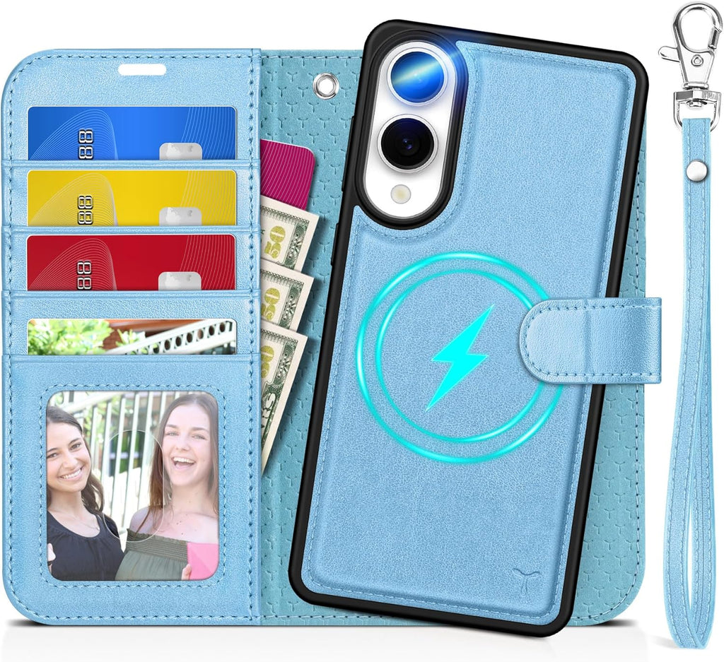 TUCCH Case Wallet for Galaxy S25 Edge, Removable [Wireless Charging] Wrist Strap PU Leather Magnetic Stand RFID Blocking 4 Card Slot Detachable Protective Folio for Galaxy S25 Edge, Pearly Light Blue