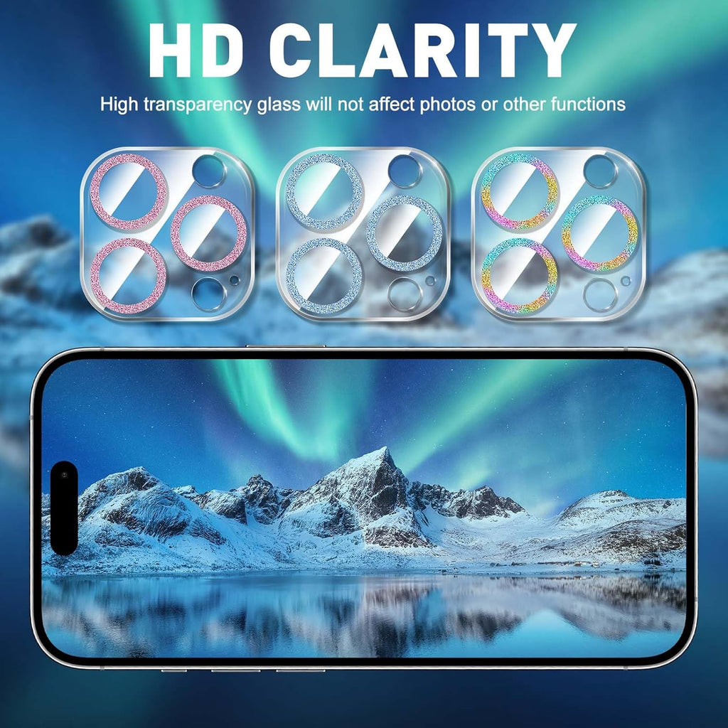 LucBuy 3PCS Sparkling Camera Lens Protector for iPhone 13 Pro/iPhone 13 Pro Max, Full Clear Acrylic Cover with Shiny Colorful Glitter Designed Decoration Back Camera Protector