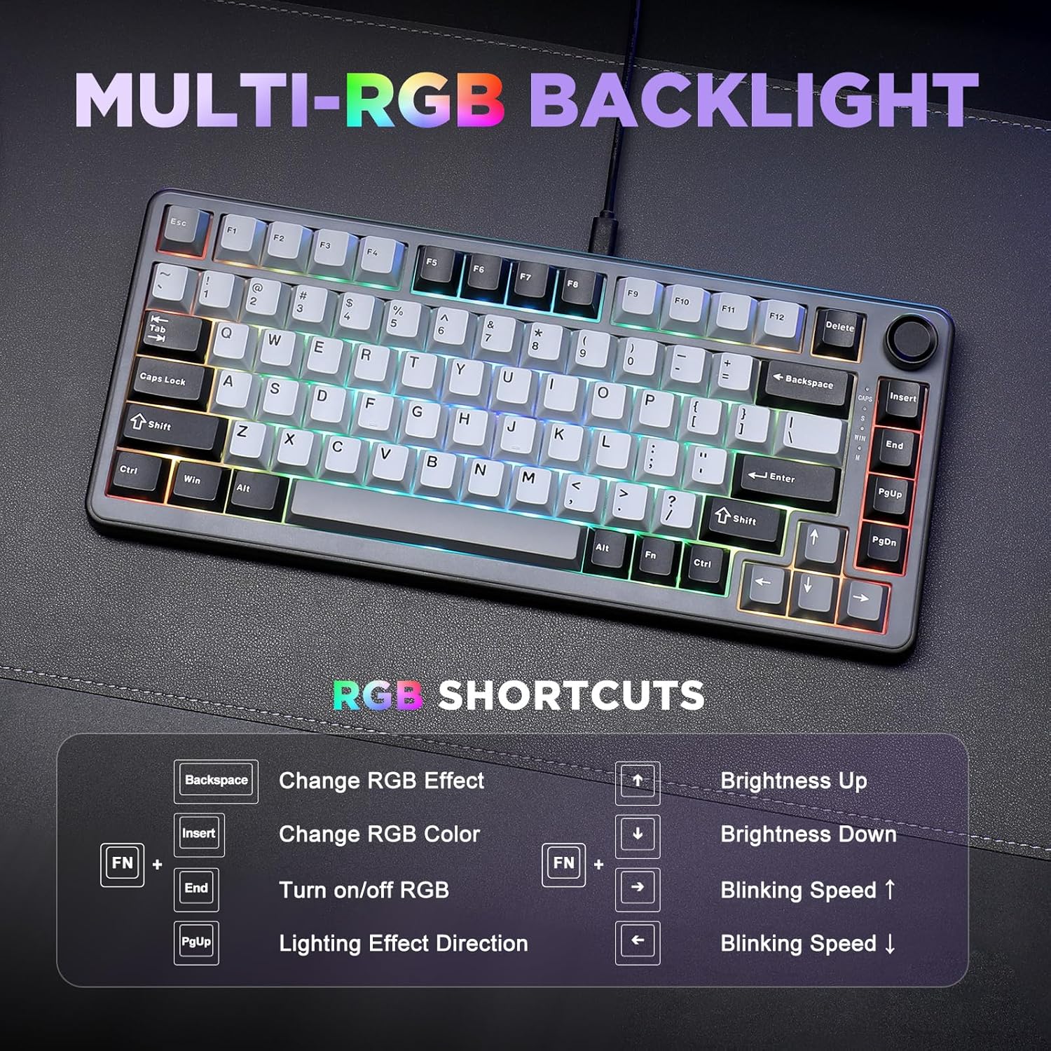 YUNZII B75 Mechanical Keyboard,75% Layout with Knob,Hot Swappable RGB Backlit Gasket Mounted, Creamy Typing, Double-Shot PBT Keycaps,Cherry Profile,for Win/Mac (Dark Grey, Cocoa Cream V2 Switch)