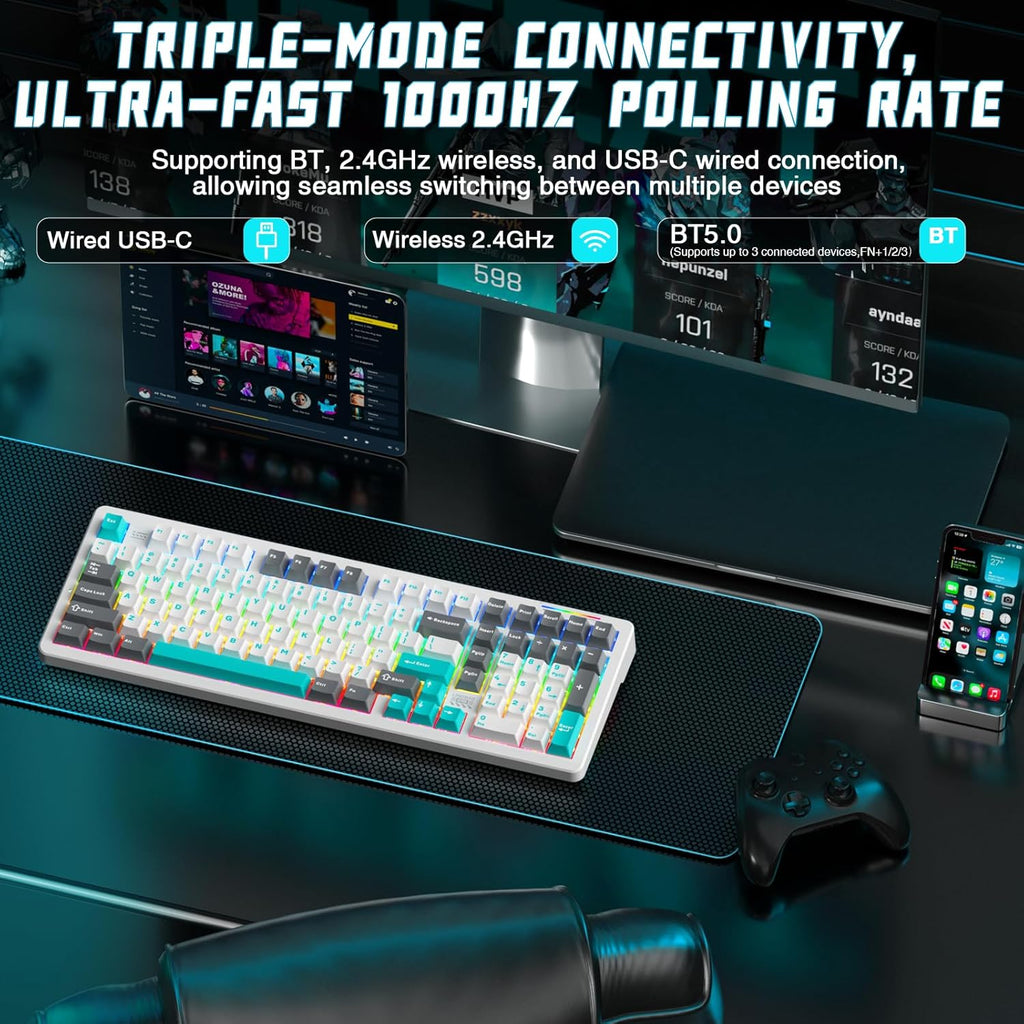 LINGBAO K98 Wireless Mechanical Gaming Keyboard, 10000mAh Battery Tri-Mode BT5.0/2.4GHz/USB-C, Gasket Custom Hot-Swappable Linear Switches Mechanical Keyboards, RGB Backlit Keyboard for PC Laptop