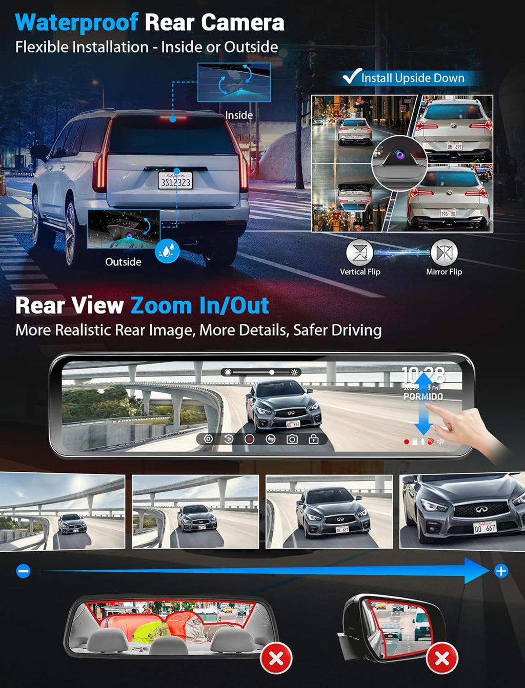 PORMIDO OEM Rear View Mirror Camera with Auto-Brightness, 11" Mirror Dash Cam with 2K Ultra-Bright Touchscreen, Detached Front Backup Rearview Zoom Built-in GPS Night Vision 64GB Card Parking Monitor